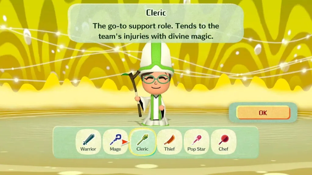 Review: miitopia - süß und leicht komplex Die Szene zeigt die verfügbaren Klassen.