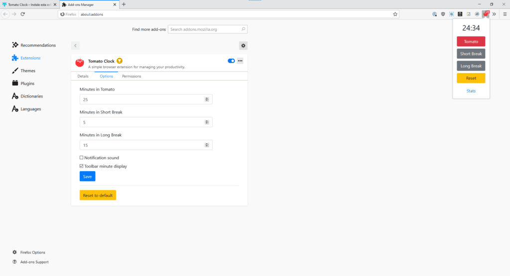18 лучших расширений Firefox Обратный отсчет часов Tomato, показывающий 24:34 в правом верхнем углу экрана с параметрами расширения в главном окне.
