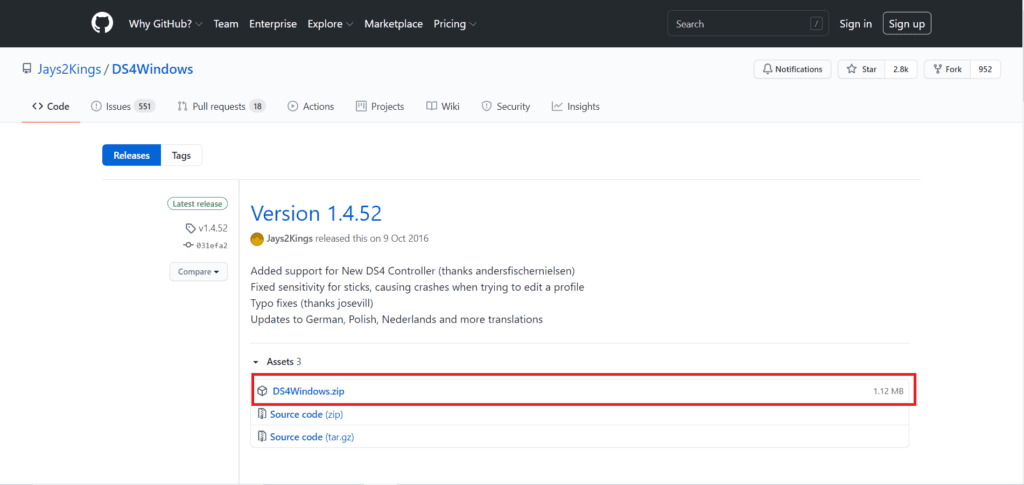 So verbinden Sie Playstation 4 und 5 Controller mit dem PC Screenshot der Github-Seite mit der herunterzuladenden Datei.
