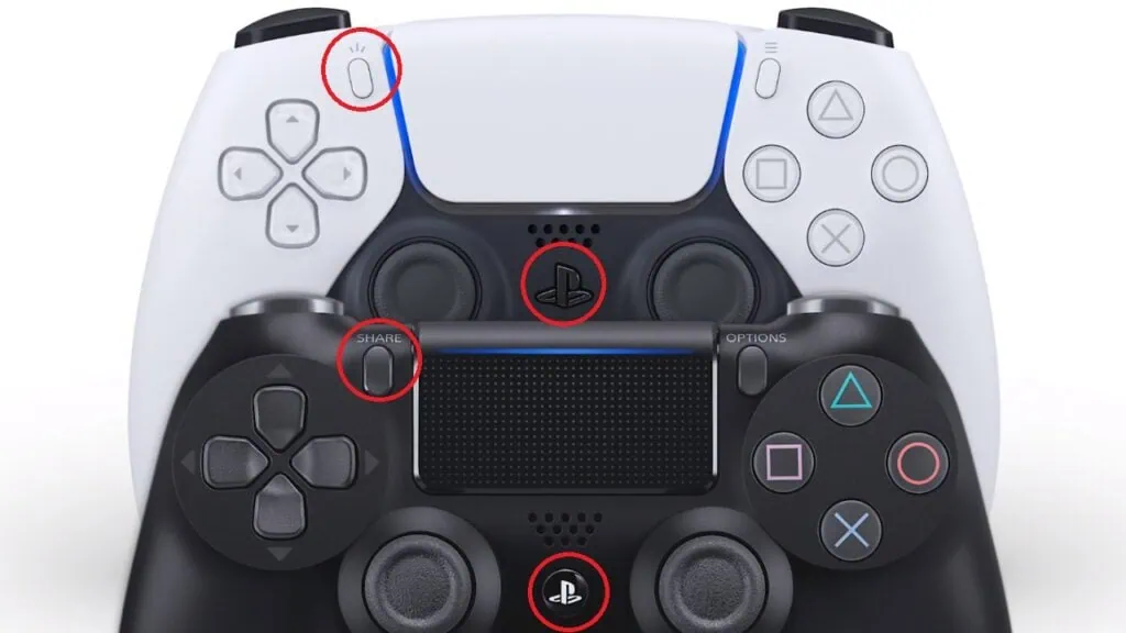 So verbinden Sie Playstation 4 und 5 Controller mit dem PC Das Bild zeigt den Playstation 4- und 5-Controller mit Kreisen auf der Home- und Share-Taste.