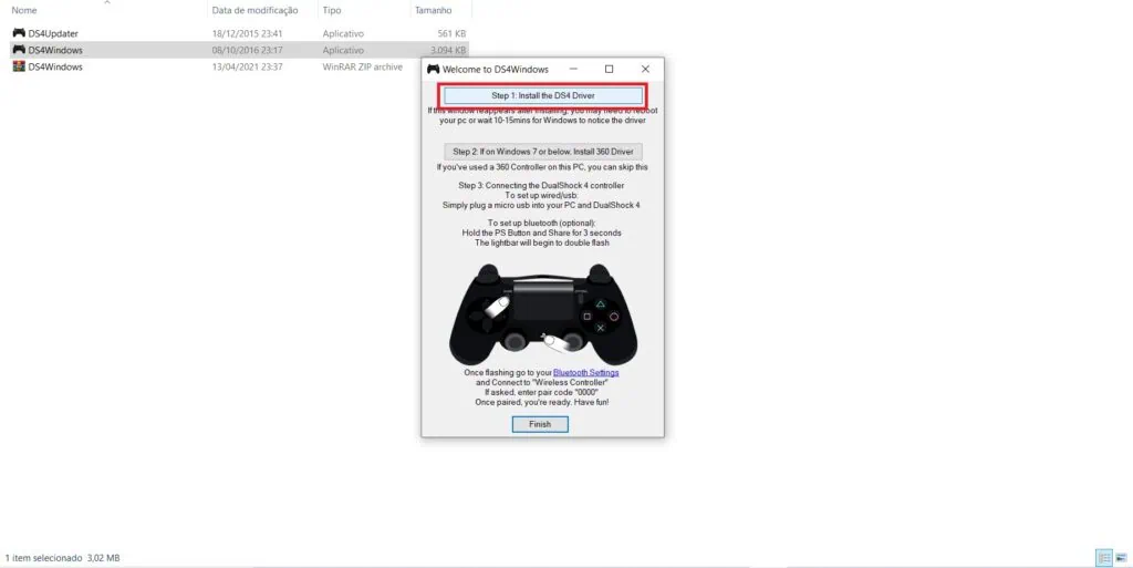 So verbinden Sie Playstation 4 und 5 Controller mit dem PC Das Bild zeigt, welche Schaltfläche gedrückt werden muss, um den Treiber zu installieren, mit den Worten: Schritt 1: Installieren Sie den ds4-Treiber