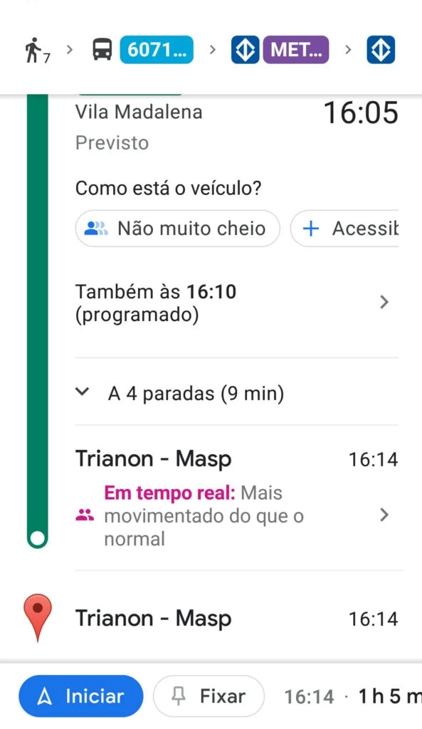 21 dicas e truques para google maps Captura de tela do trajeto por metrô. Em destaque, na parte inferior, a estação trianon-masp.