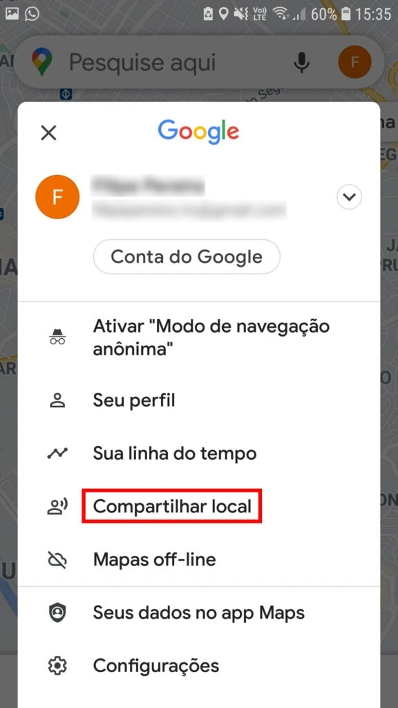 21 dicas e truques para google maps Captura de tela do menu principal do google maps. Compartilhar local está contornado em vermelho.