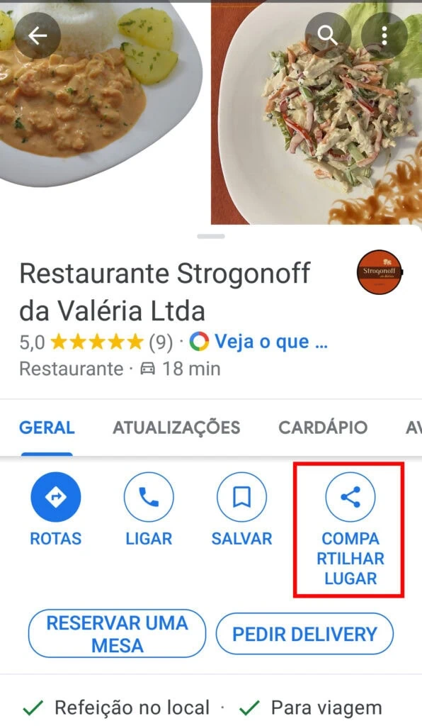 21 dicas e truques para google maps Captura de tela do local restaurante strogonoff da valéria ltda. Na parte inferior, à direita, o botão compartilhar lugar está contornado em vermelho. À esquerda dele, o botão salvar.