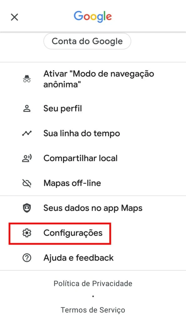 21 dicas e truques para google maps Captura de tela do menu principal. Configurações está contornado em vermelho.