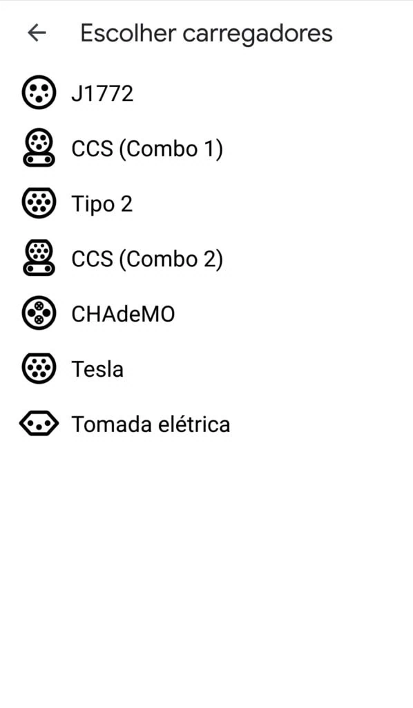 21 dicas e truques para google maps Captura de tela do menu escolha carregadores.