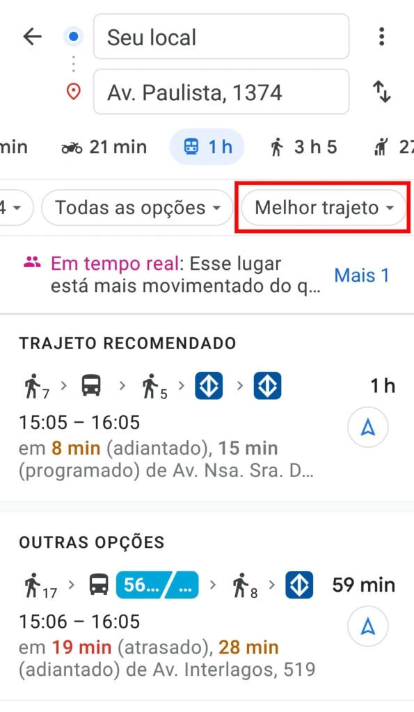 21 dicas e truques para google maps Captura de tela da página do google maps com trajeto entre seu local e av. Paulista, 1374. A opção melhor trajeto está circulada em vermelho.