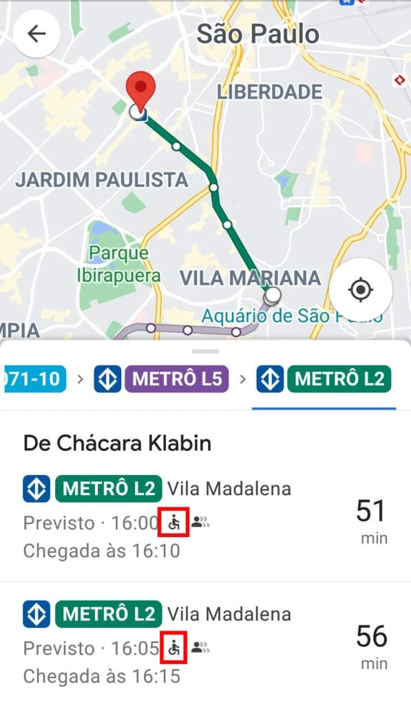 21 dicas e truques para google maps Captura de tela do trajeto por metrô. Em destaque, na parte inferior, a estação chácara klabin. O ícone de cadeira de rodas está circulado em vermelho.