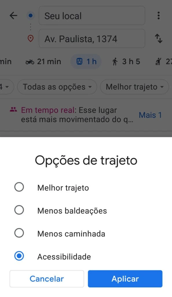 21 dicas e truques para google maps Captura de tela do menu opções de trajeto.