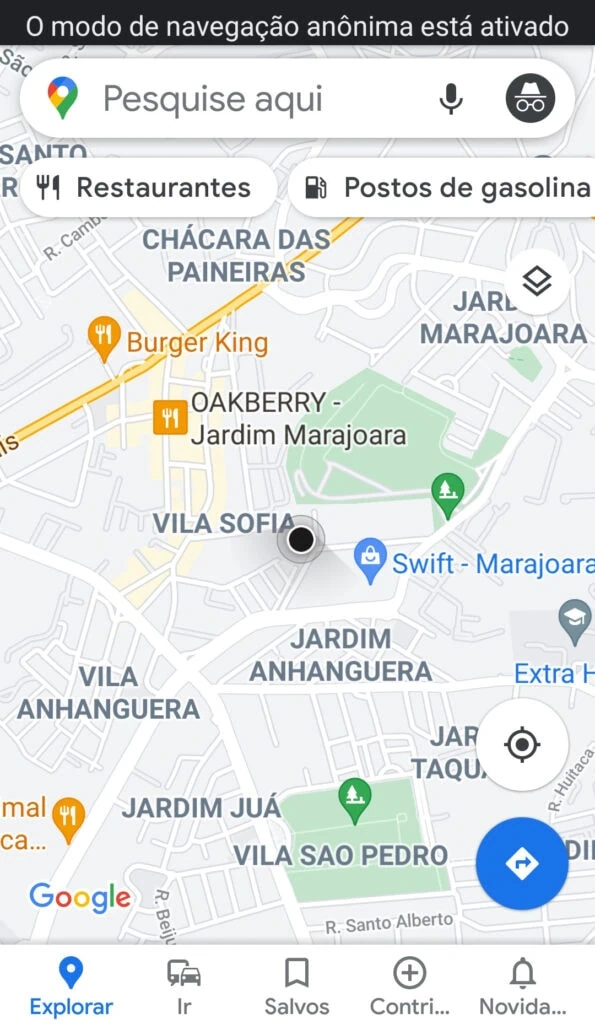 21 dicas e truques para google maps Captura de tela do mapa no google maps mostrando localização em preto. No topo da tela, vai aparecer a mensagem: "o modo de navegação anônima está ativado".