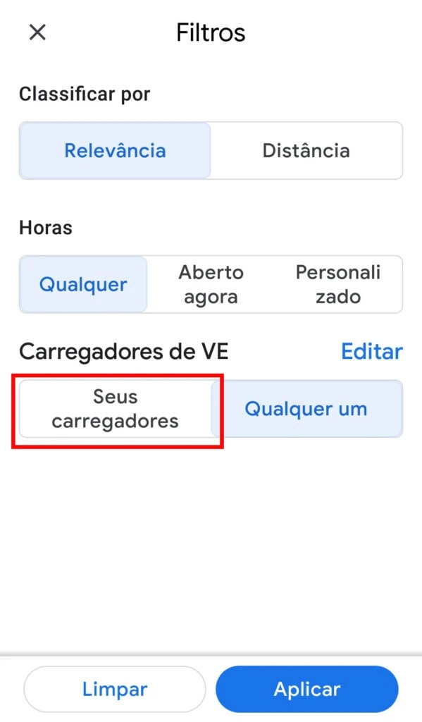 21 dicas e truques para google maps Captura de tela do menu filtros.