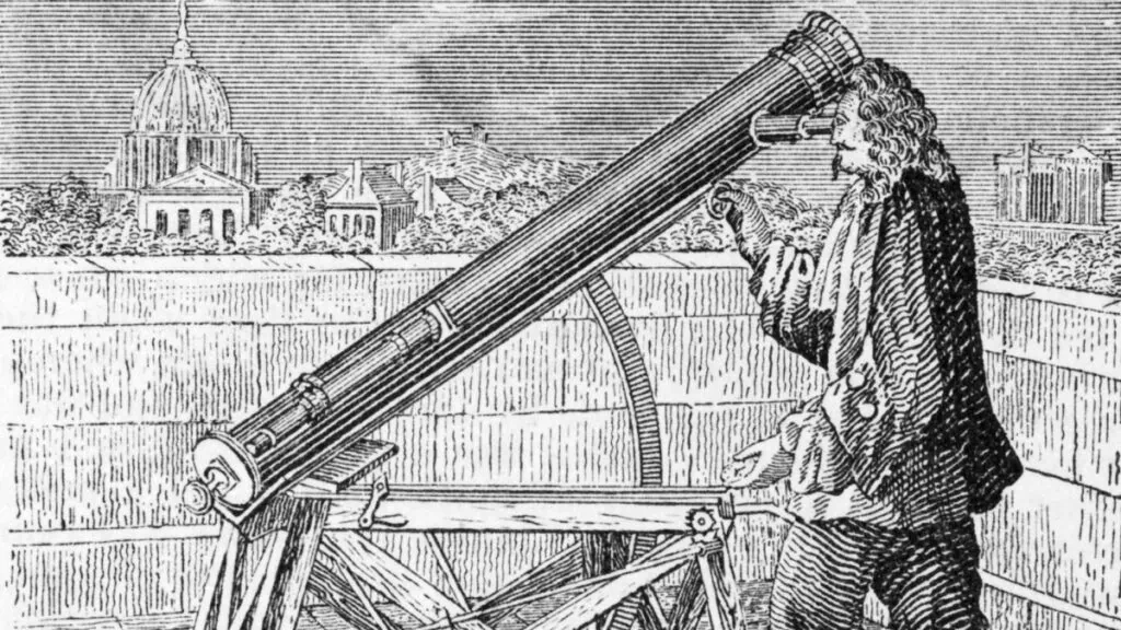 A surpreendente história do telescópio - da guerra ao olho espacial! Uma ilustração de isaac newton observando em seu telescópio.