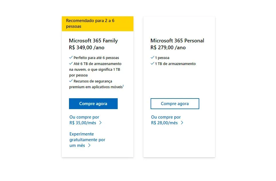 Microsoft 365 e office: veja quais as diferenças e preços entre os pacotes Os preços anuais e mensais do microsoft 365 - bem como as diferenças entre o plano família e o personal, em uma imagem.