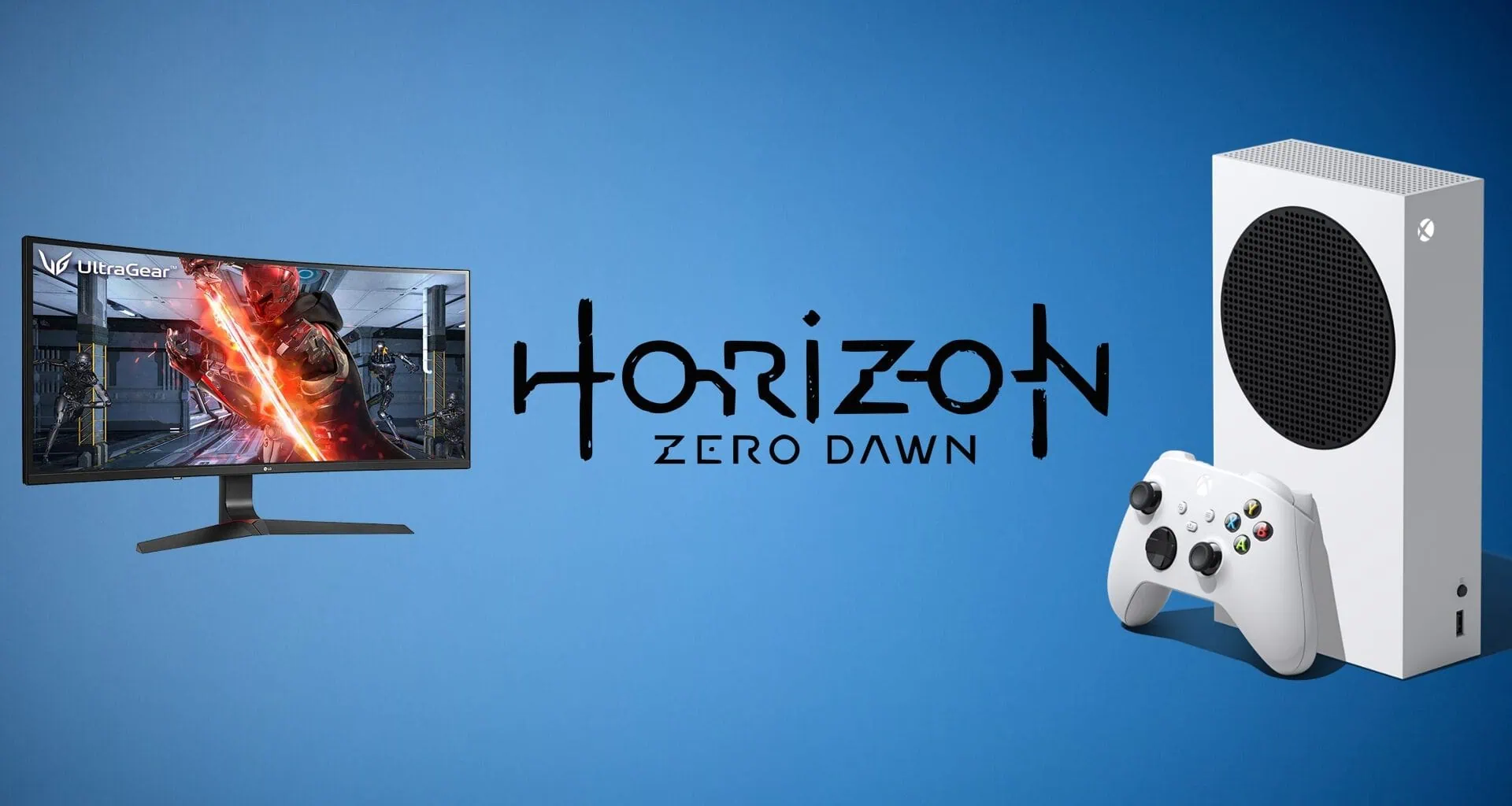 Fundo azul; em primeiro plano, na ordem: monitor da lg, logo de horizon zero dawn e xbox series s.
