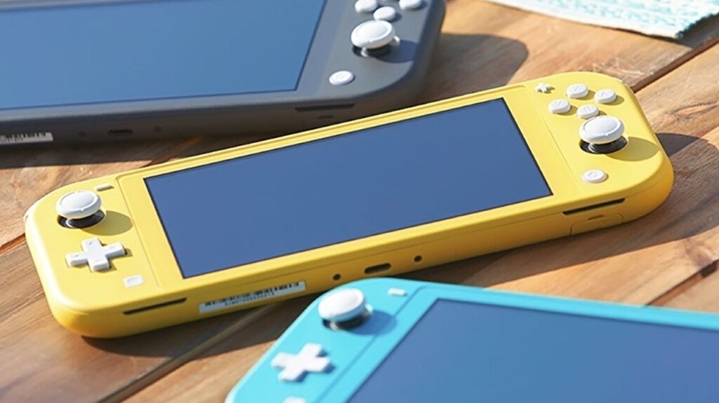 Três modelos de nintendo switch lite: cinza, amarelo e azul turquesa.
