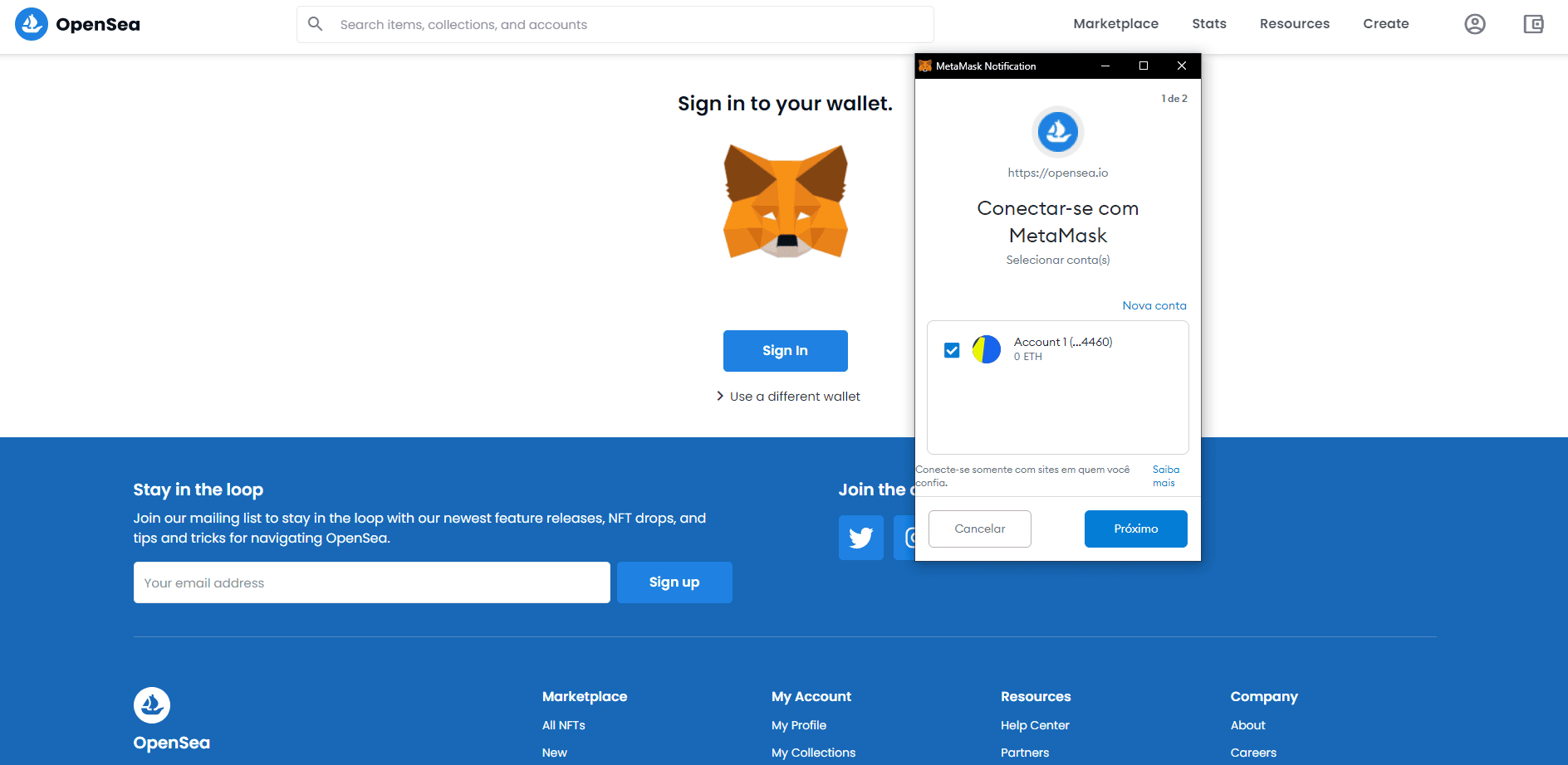 Tutorial: como criar e vender arte em nft? Vá para o opensea e clique na opção “create” e ele vai pedir para conectar com sua carteira de ethereum. Basta clicar em conectar que ele redirecionará para o metamask, onde você só precisa logar para finalizar a etapa.