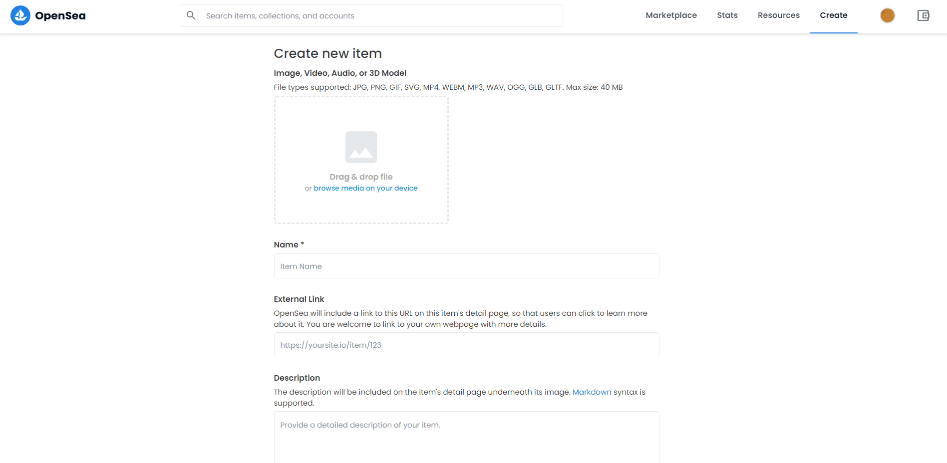 Tutorial: como criar e vender arte em nft? Com a conta criada, você vai ser redirecionado para a aba em que você pode cadastrar seu primeiro item no site. Basta fazer o upload no botão "drag and drop a file". Com isso você já pode preencher o nome do item, descrição e todos detalhes do seu primeiro nft.