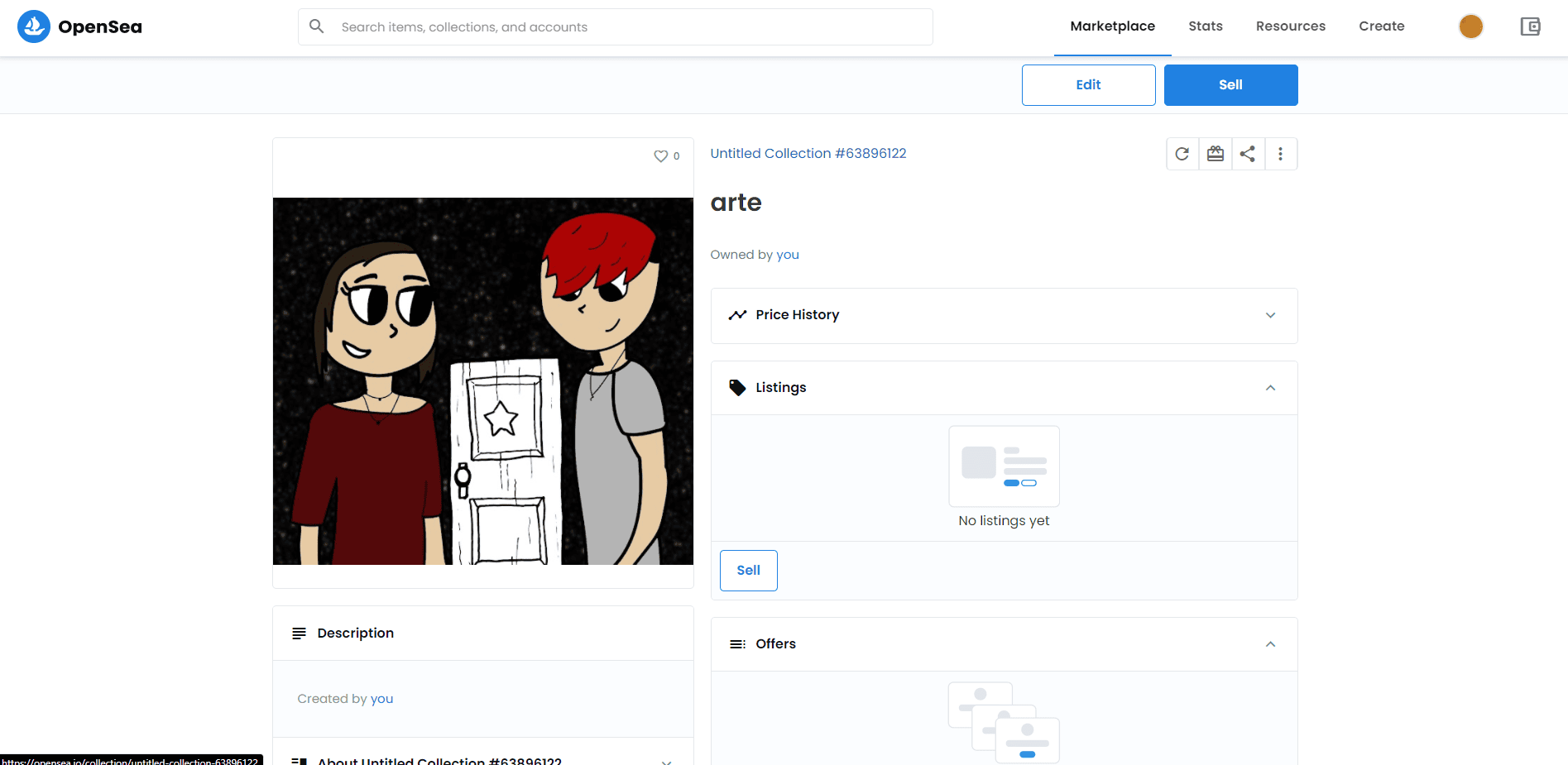 Tutorial: como criar e vender arte em nft? Agora que você cadastrou sua obra no marketplace, você precisa colocá-lá a venda, para isso, basta achar o botão “sell” na página da seu item.