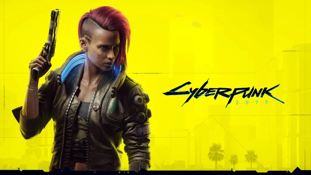 Vale a pena comprar um ps4 em 2021? Fundo amarelo; mulher com ciberimplantes e o logo de cyberpunk 2077.