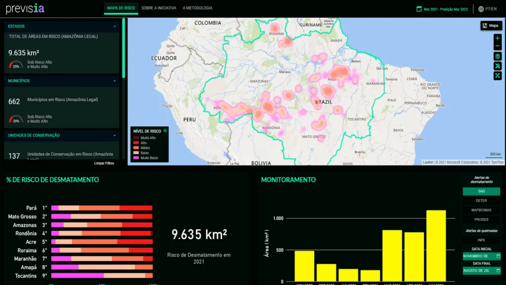 Previsia: inteligência artificial ajuda na prevenção dos desmatamentos na amazônia Site da previsia, onde já é possível verificar o mapa de risco e navegar à vontade