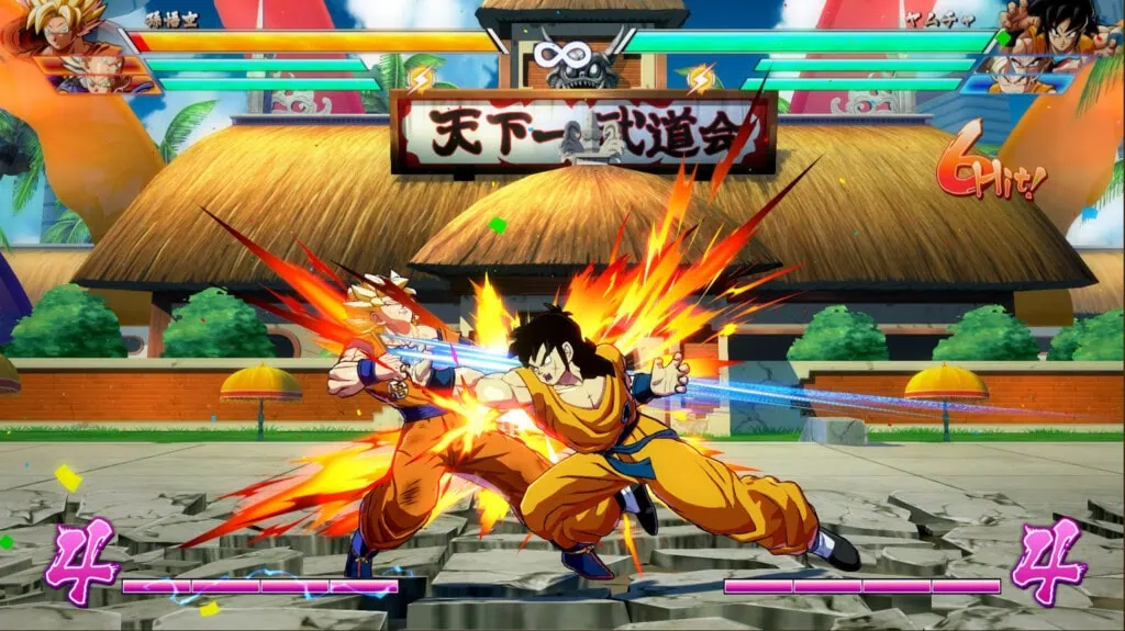 The best games to play with kids Image showing yamcha and goku from dragon ball fighting in dragon ball fighterz