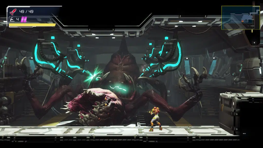 Review: metroid dread é simplesmente incrível Uma grande criatura morta é dissecada no plano de fundo.