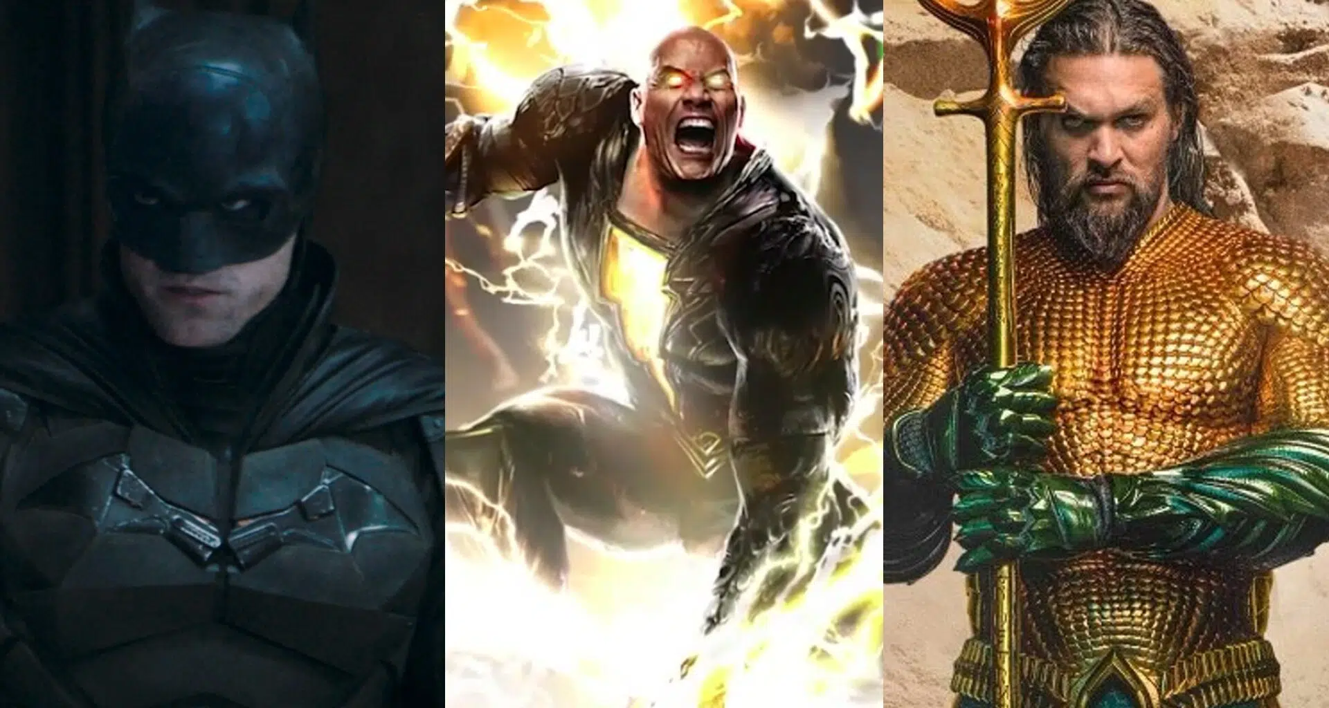Montaje con imagen de Batman en el lado izquierdo, arte conceptual de Black Adam en el centro y Aquaman en el lado derecho sobre el calendario de películas de DC en 2022