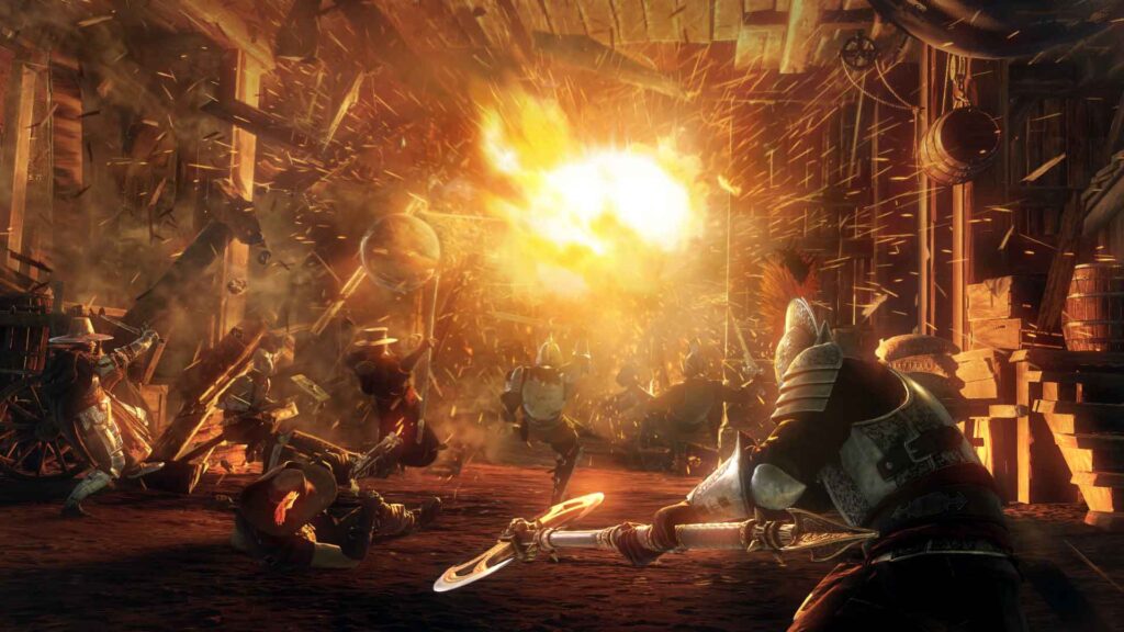 Imagem de new world com uma grande explosão e vários personagens