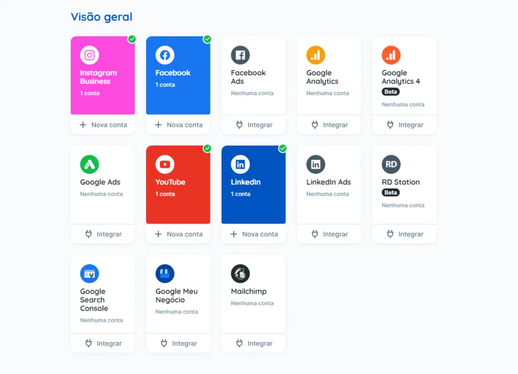 Come generare report sui social media Con Reportei puoi generare report per i social network come YouTube, Instagram, LinkedIn, Facebook e altri.