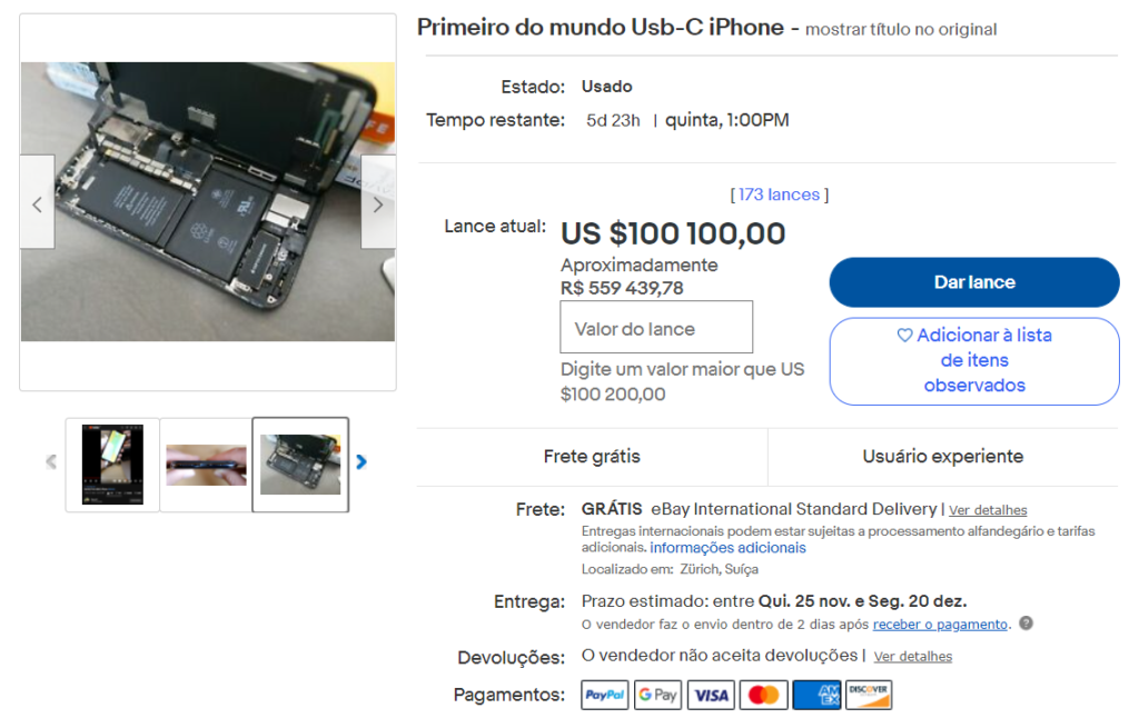 Iphone com usb-c sendo vendido no ebay