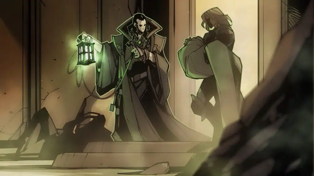 Review: ruined king continua a saga de viego e a ruína Thresh em sua forma humana conduzindo viego às águas das bênçãos. Reprodução: lucas gomes/ruined king.