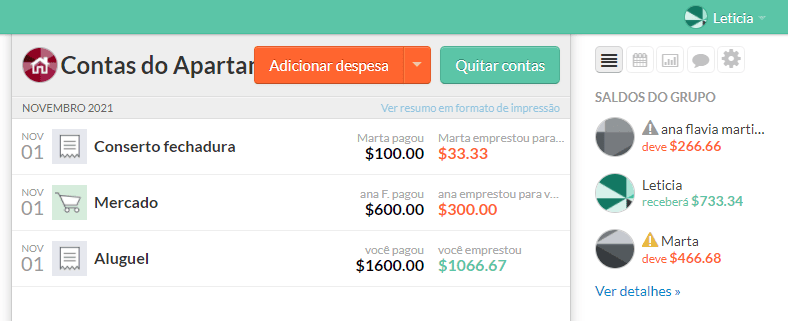 Cómo usar splitwise para dividir facturas en grupo página principal de la aplicación splitwise