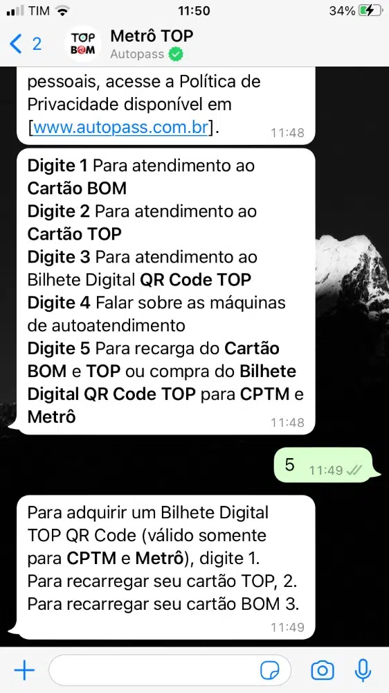 App top: como usar o bilhete qr code do metrô de sp Carregamento de créditos pelo whatsapp