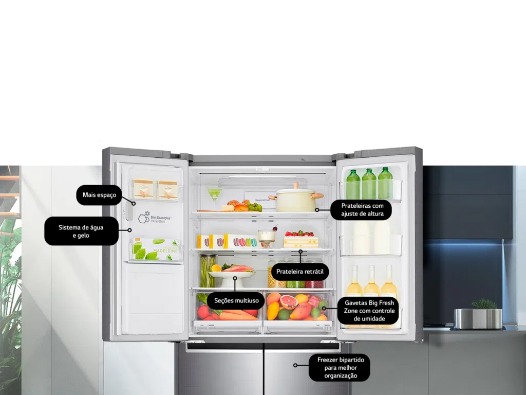 Linha de geladeiras lg oferece design, tecnologia e inovação Variedade de disposição no interior da geladeira. Reprodução: lg.