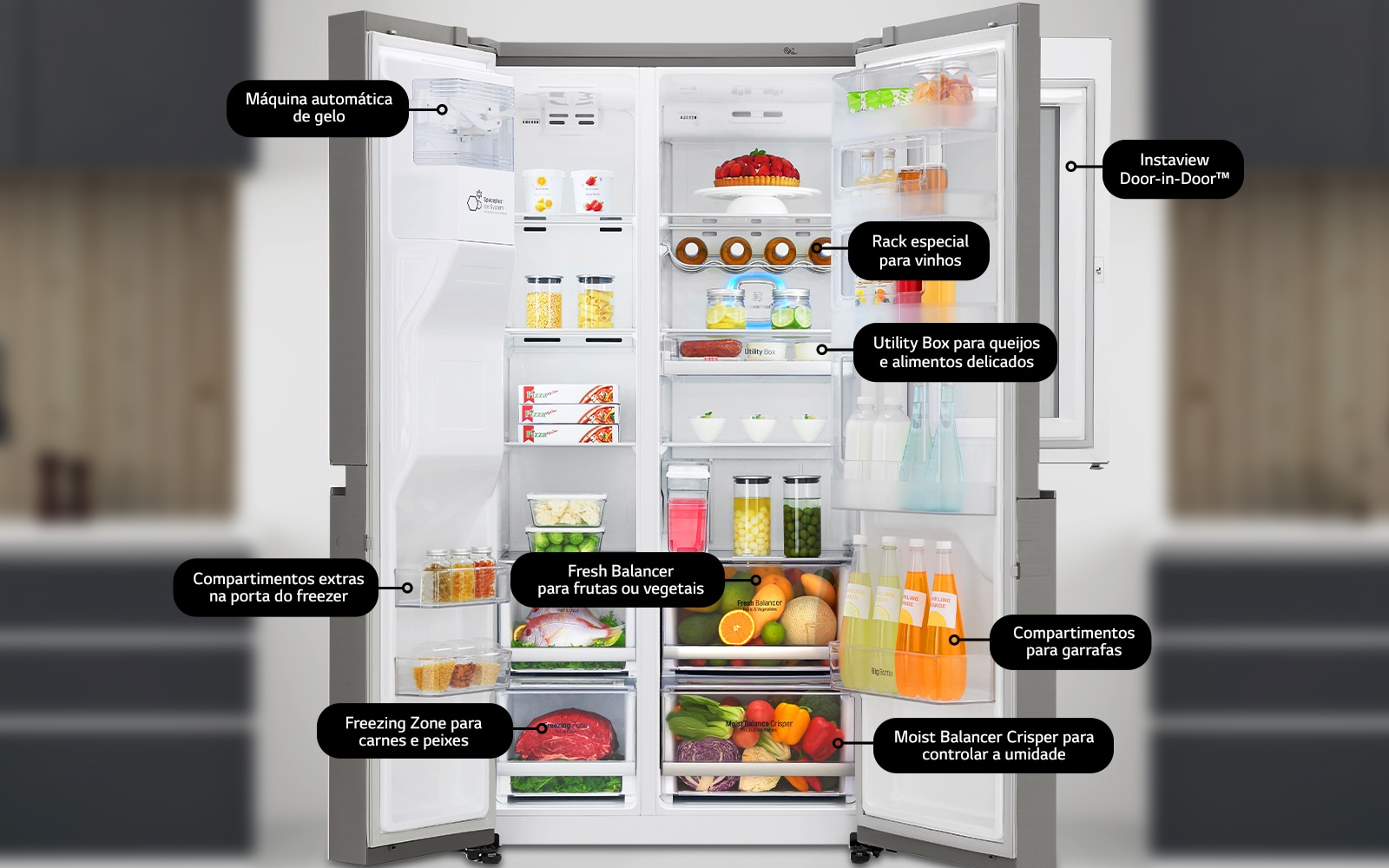 Muito espaço interno e recheado de funções diferentes para você armazenar os mais diversos itens na sua geladeira. Reprodução: lg.