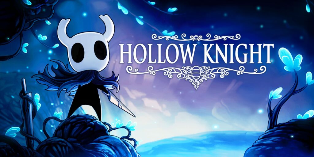 Arte oficial de hollow knight; à frente, o personagem principal; à direita, o nome do jogo; toda a imagem em tons de azul.