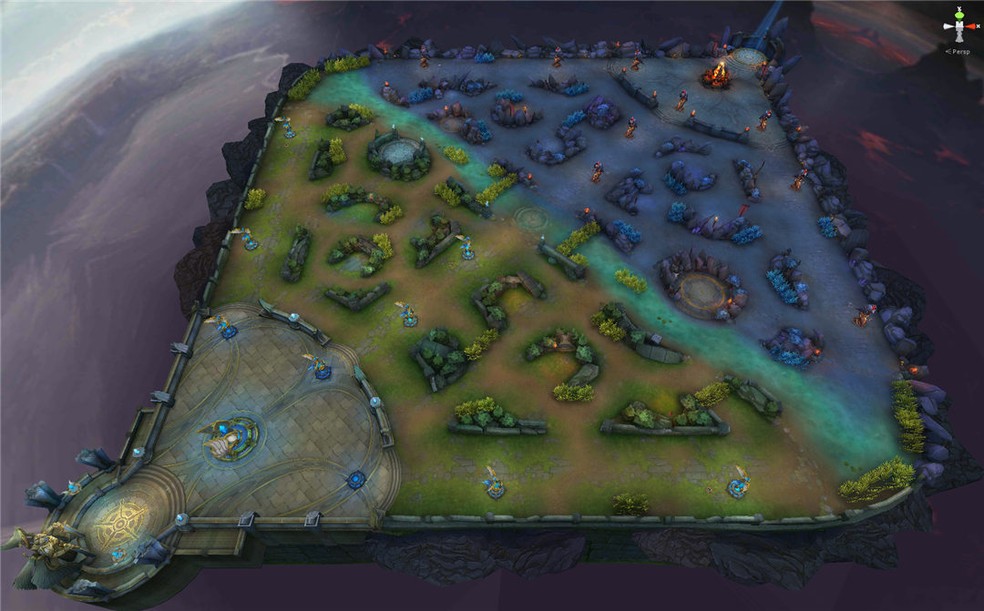 Vista aérea de um cenário de um jogo do gênero moba, que mostra a simetria entre os dois lados do campo de batalha.
