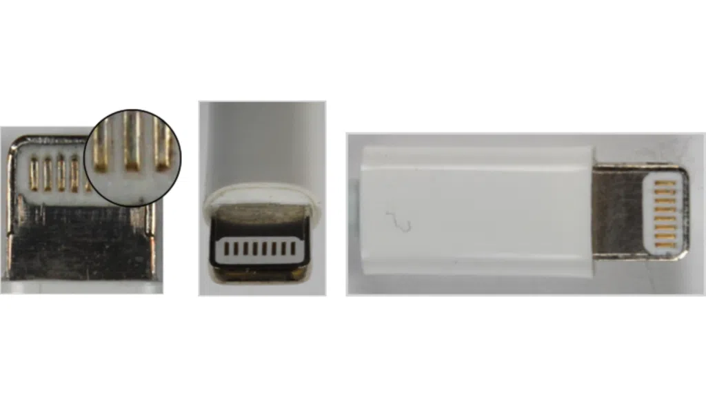 Como identificar um carregador original de iphone Como identificar um carregador original de iphone: analise, também, as características apontadas sobre a extremidade do cabo lightning. Aqui vemos exemplos de cabos falsificados. Reprodução: apple