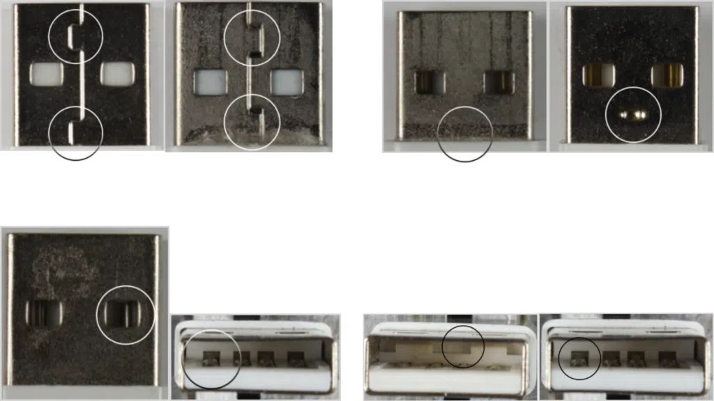 Como identificar um carregador original de iphone Como identificar um carregador original de iphone: analise, também, as características apontadas sobre a extremidade usb do cabo lightning. Aqui vemos exemplos de cabos falsificados. Reprodução: apple