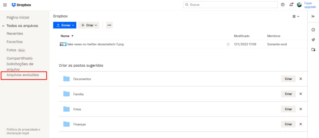 Como recuperar arquivos apagados em serviços na nuvem Tela inicial do dropbox
