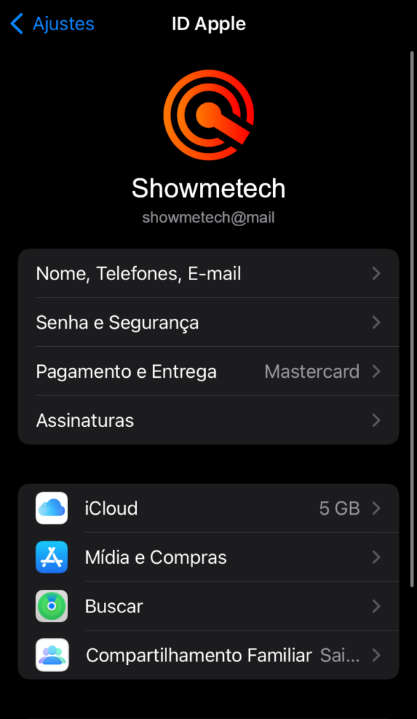 Tela de configuração do id apple no iphone
