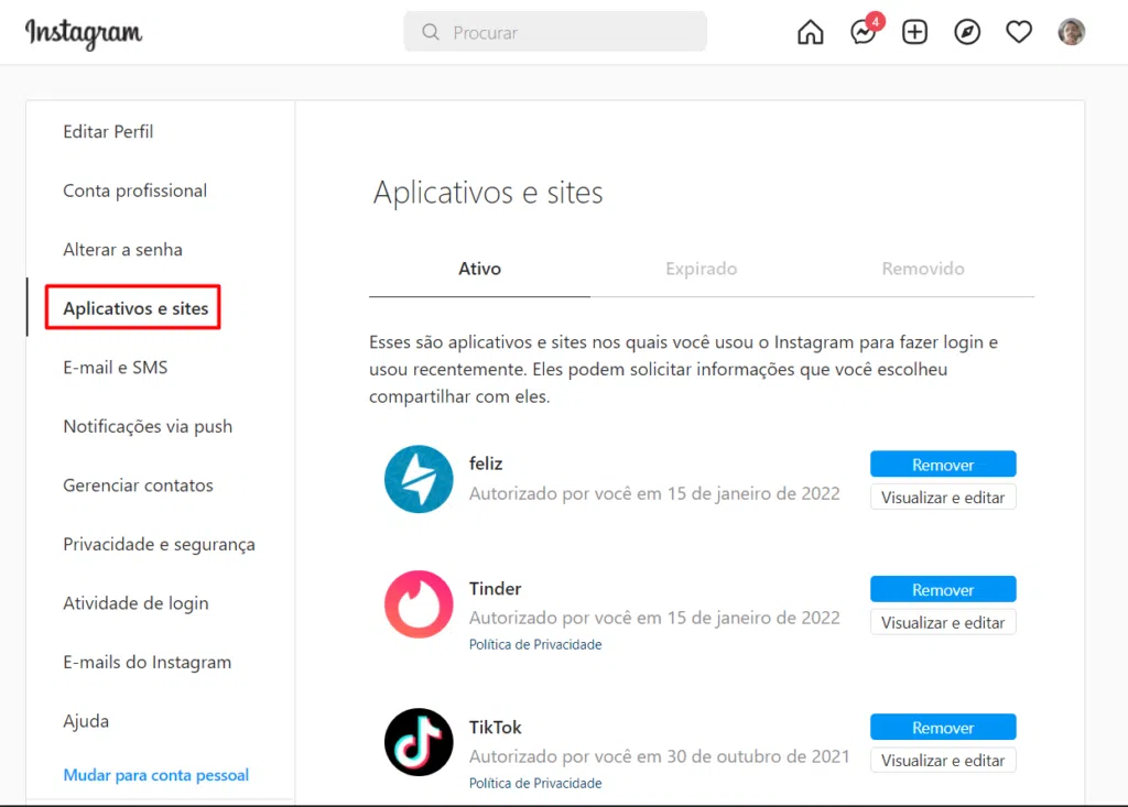 Como recuperar conta do instagram hackeada e aumentar segurança Página que exibe todos sites e aplicativos conectados à uma conta do instagram hackeado