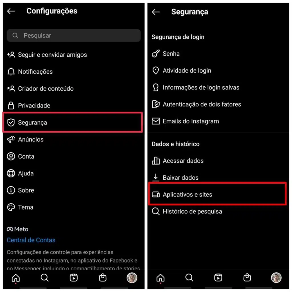 Como recuperar conta do instagram hackeada e aumentar segurança Capturas de tela do aplicativo do instagram para android para encontrar sites e aplicativos conectados à um perfil do instagram invadido