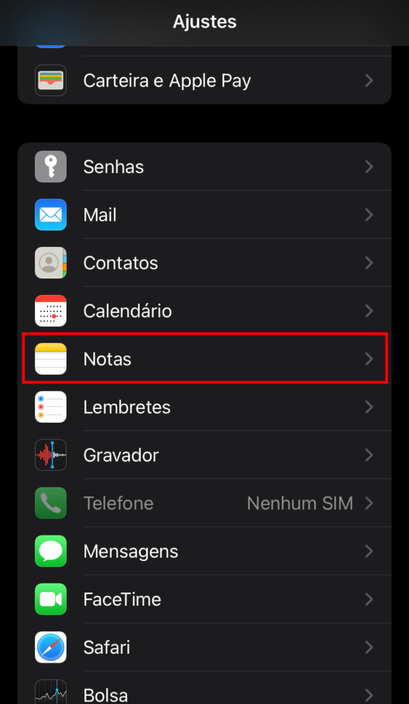Configurações do app notas no iphone