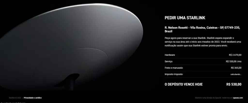 Preço da starlink no brasil é revelado, veja valores Captura de tela do preço da starlink no brasil