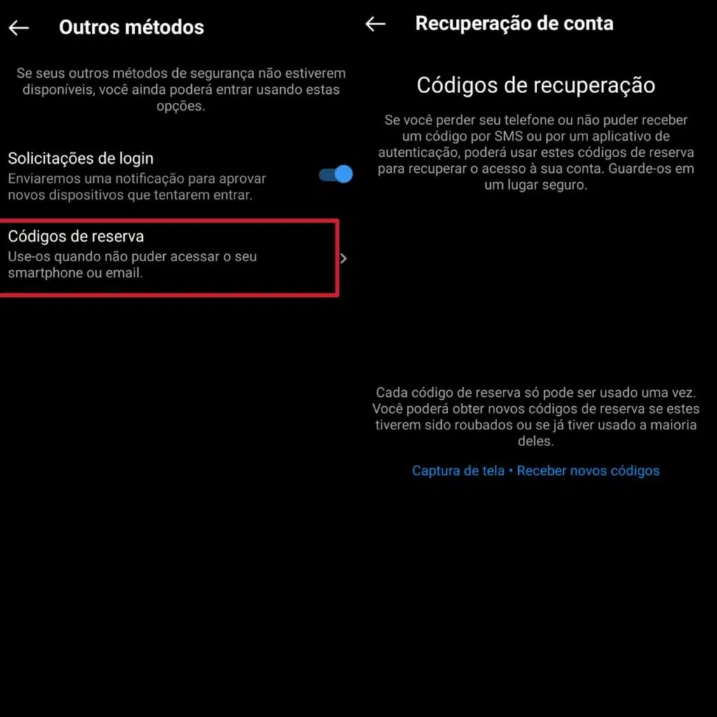Como recuperar conta do instagram hackeada e aumentar segurança Foto explicativa para conseguir saber quais códigos de reserva do instagram
