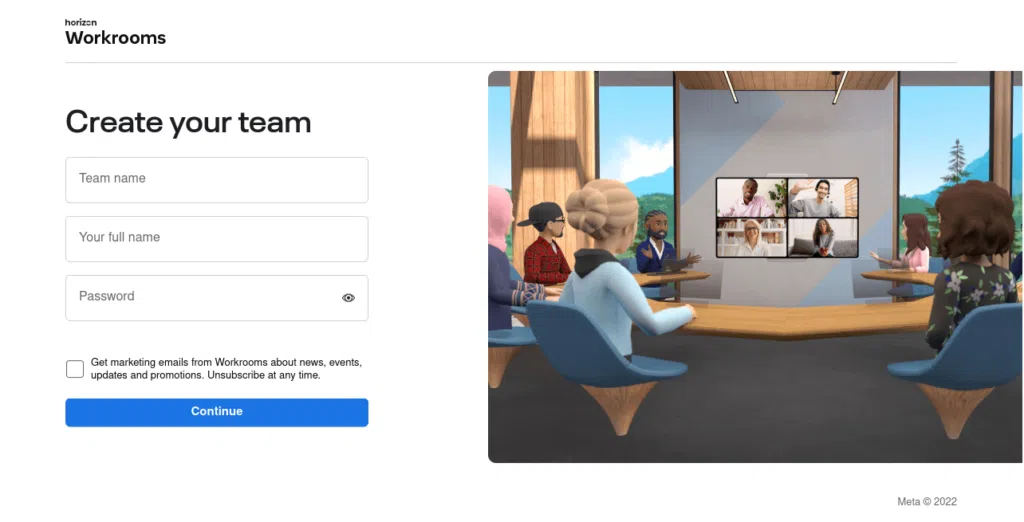 Como criar uma reunião no metaverso usando o horizon workrooms A imagem mostra a tela de criação de uma equipe no horizon workrooms