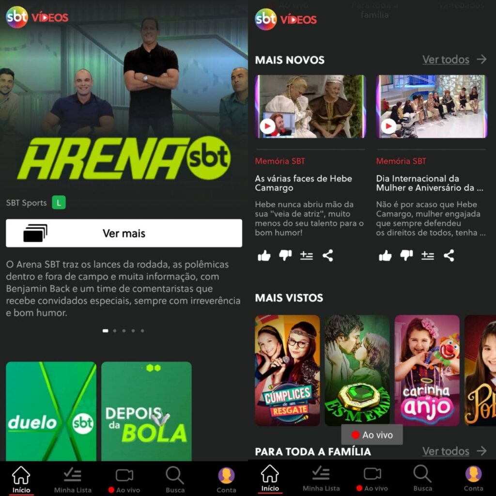 Captura de tela do aplicativo sbt vídeos para assistir tv pelo smartphone