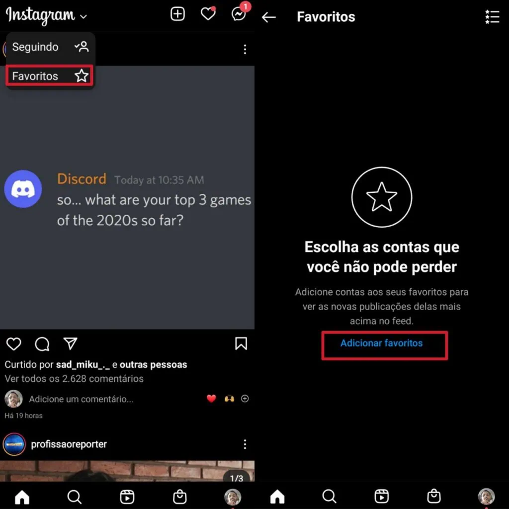Como ativar o feed cronológico do instagram Captura de tela explicando como criar lista de favoritos do instagram