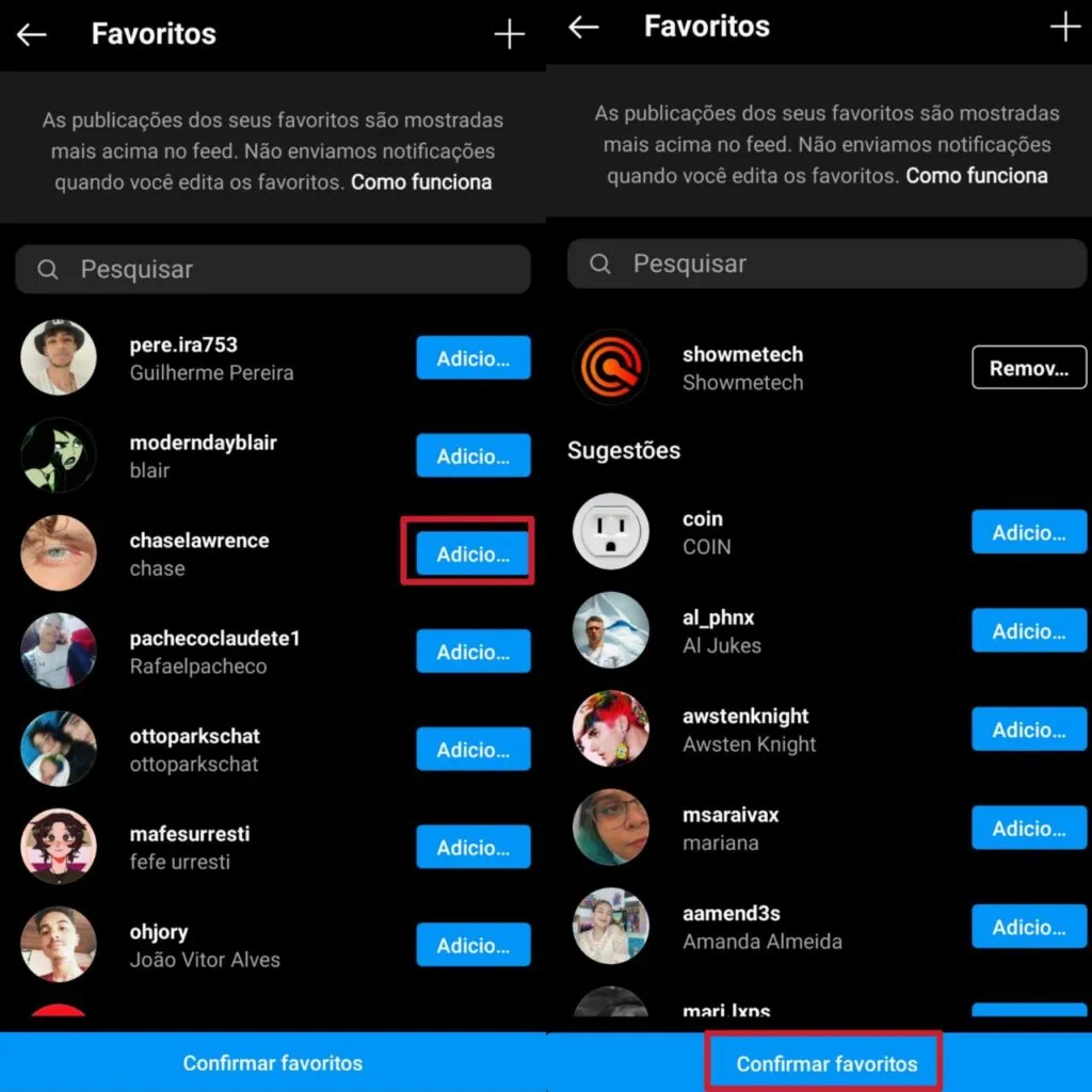Como ativar o feed cronológico do instagram Captura de tela explicando como criar lista de favoritos do instagram